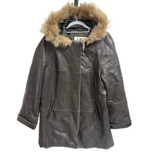 LNR Genuine Leather Hooded Coat Womens Small Oversized Brown Raccoon Fur Trim